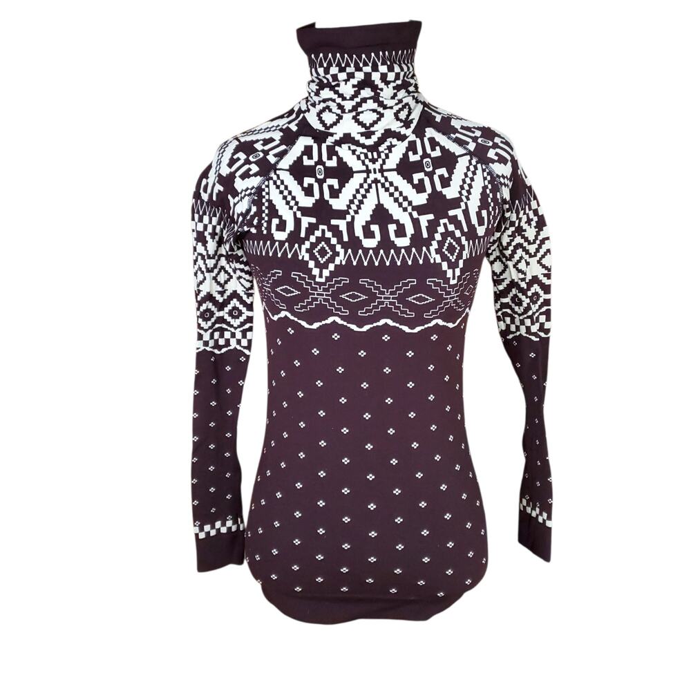 Sweaty Betty Ski Base Layer Top Fair Isle Turtleneck Brown White Sz  XS